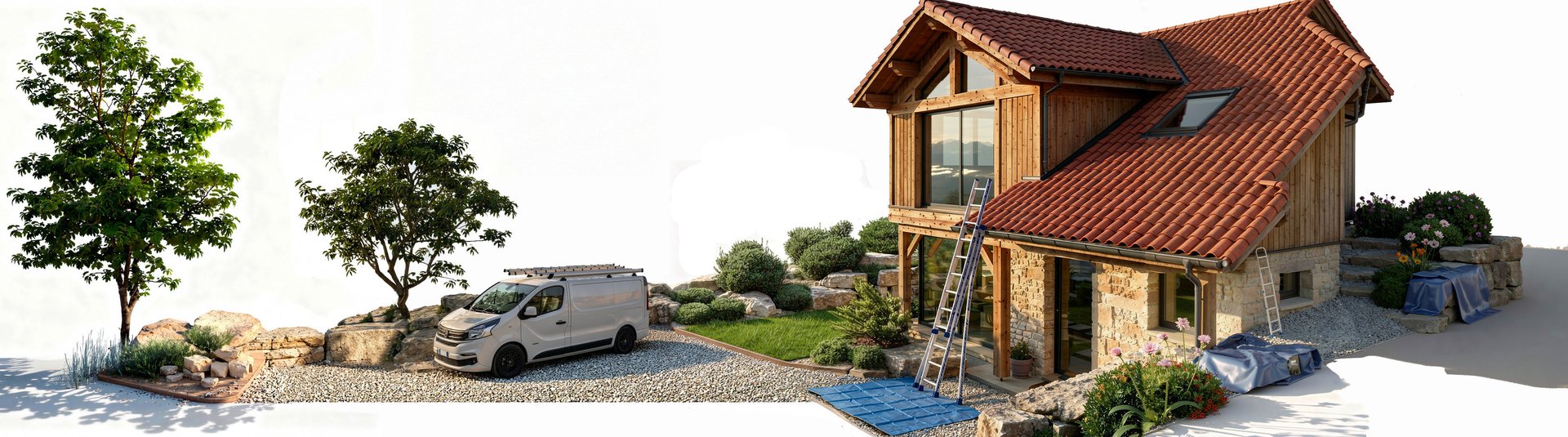 Camion SR Rénovation devant une maison - intervention nettoyage toiture avec échelle